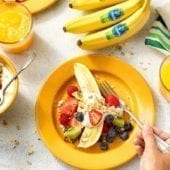 Healthy fruit salad with organic Chiquita Banana and granola banana yogurt
